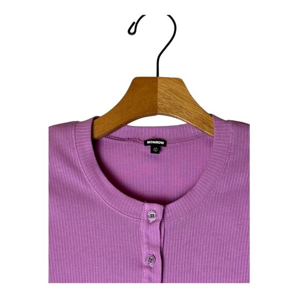 Monrow Bodysuit Women XS Purple Ribbed Crew Henley Neck Short Sleeve Pull-On - Picture 4 of 11